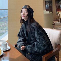 2021 autumn new Hong Kong style loose mid-length sweater cardigan jacket female gentle style black knitted cardigan