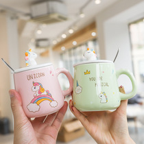 Cartoon Unicorn Hand-painted Ceramic Cup With Lid Spoon Cute Freshener Mark Cup Men And Womens Water Glasses Wedding Celebration Cups