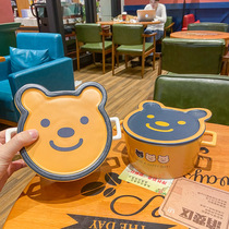 Creative Cartoon Cute Little Bear Home Ceramic Bubble Noodle Bowl with lid Twin Ear Student Convenient Noodle Bowl Dorm Room Drink Soup Bowl