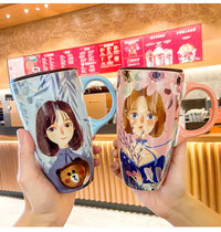 Large capacity Moren girl with cover mug Japanese hipster character girl water Cup breakfast oatmeal ceramic cup