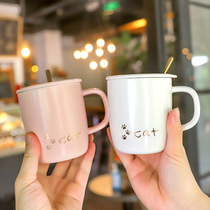 Nordic minimalist cartoon cat Palm ceramic cup with lid spoon office coffee mug student Breakfast Milk Cup