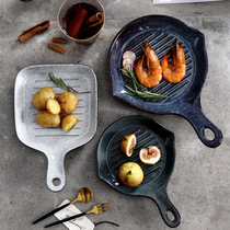 Japanese creative handle plate household steak plate baked rice plate hotel ceramic baking tray personality color glaze tableware