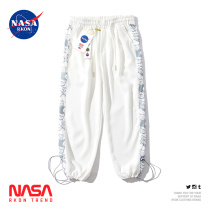 NASA Joint stitching Bear pants mens and womens white high street loose drawstring leisure sports long pants plus Velvet