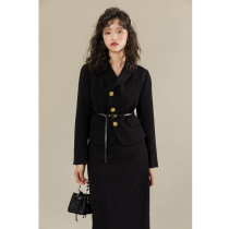 Fall Winter Haute Black Set 2022 New Vintage Hong Kong Style Slim Temperament Small Suit Two-Piece Dress