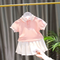 Girls summer suit Western style T-shirt 2020 new childrens summer t-shirt female baby short-sleeved skirt two-piece tide