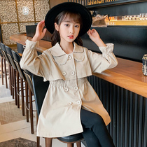 Girls  windbreaker spring and autumn 2021 new trend childrens autumn clothes middle and large childrens dolls lead the British wind foreign style solid color coat