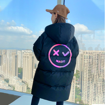 Girl Down Jacket Long 2021 foreign air Korean version of the middle child disposable hooded light white duck down thick coat