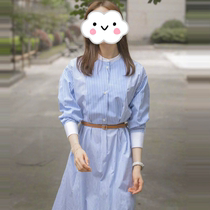 Star Liu Shishi with 21 early autumn new blue and white striped shirt dress waist long shirt skirt