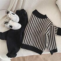 Arctic velvet INS fashionable thick knit vertical striped sweater autumn and winter boys sweater baby pullover (