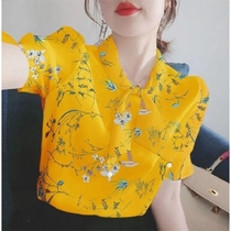 Super fairy French chiffon shirt high-grade Western style short-sleeved top womens 2021 summer new T-shirt printed shirt