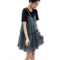 French blue polka dot dress female summer light cooked wind large size fake two-piece a-line skirt 2021 new European goods