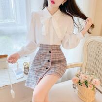 Small fragrant wind Plaid suspenders vest dress fashion lace loose medium length shirt dress dress autumn