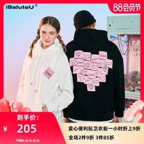 isaluteU love post-it note woven label hooded sweater couples personality loose trend wild loose casual