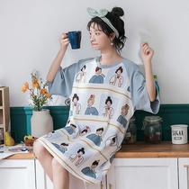 New Korean summer pajamas womens summer short-sleeved long cute girls night dress loose plus size home clothes can be worn outside