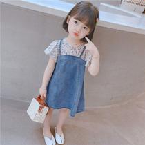 Girls dress summer 2021 new net red floral skirt Western style female baby short-sleeved denim princess skirt tide