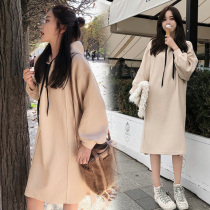 Net red pregnant women autumn hooded sweater dress pregnancy fashion age reduction skirt long size maternity dress