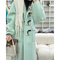 White water female horn buckle woolen coat female autumn and winter temperament gentle wind long knee split hooded coat