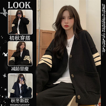 Hanfeng chic retro Academy wind age age Long Sleeve V-neck casual loose sweater cardigan knitted coat female spring and autumn