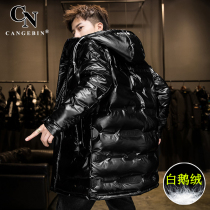Down jacket men long thick tide brand handsome bright face goose down high end 2021 new short slim winter coat