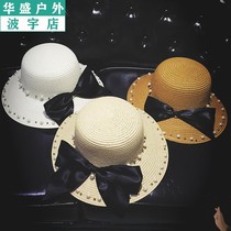 Womens summer beach hat sun hat big brim hat big brim bow Pearl nail bead holiday tourism straw hat