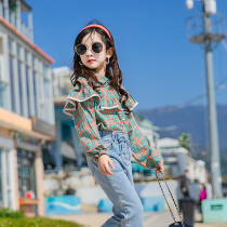 Girl Lotus Leaf Side Shirt Spring Autumn Ocean Air 2022 New Trendy Tide Children Plaid Long Sleeve Shirt Han Edition Loose