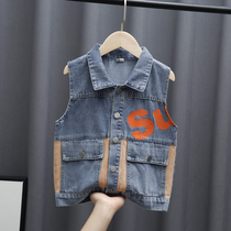 Boy Cowboy Waistcoat Spring Autumn Children Vest Jacket Foreign Air Korean Version Boy New Exterior Wearing Waistcoat Tide