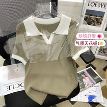 Knitwear woman Summer thin film Breathable Short Sleeve Loose T-Shirt Hit color Polo collar cover with slim and small size of large size blouse