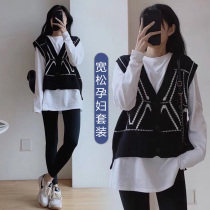 Pregnant women autumn suit fashion autumn base shirt Spring and Autumn new long sleeve T-shirt vest foreign style three-piece set