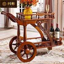 European style dining car American luxury restaurant solid wood carved cart home trolley double-layer mobile hotel cart