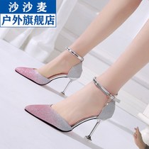  Small fresh high heels womens 2021 summer new pointed sequins girl thin heel French womens shoes hollow sandals women