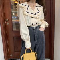  Navy collar European station shirt Womens European goods tide top Mind design sense retro Hepburn style high waist shirt