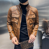 Tooling leather jacket mens spring and autumn thin Korean version of the trend handsome casual stand-up collar motorcycle clothes mens leather jacket trend