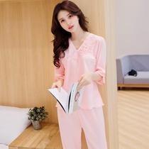 Pajamas womens spring and summer pullover long-sleeved two-piece suit thin womens silk silk middle-aged and elderly home clothes large size