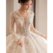 Long sleeve main wedding dress 2021 new bride big tailing heavy industry French V collar light door yarn female Palace wind winter