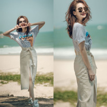 MAJE BRIAN SOLIDARITY Identical White T-Shirt Lacing Open Fork High Waisted Denim Half Body Dress Two Suits Women Summer
