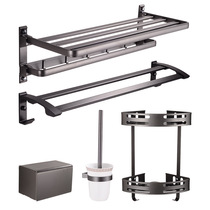 Punch-free folding towel rack storage hotel bathroom toilet space aluminum double hanging pole bathroom set