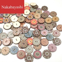 25mm vintage print gear shape log round piece Bohemia painted print wooden buttons 100 bags