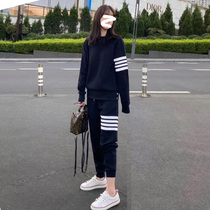 tb waffle casual set women loose 2021 spring clothes couple models Tide brand sweater trousers two-piece set