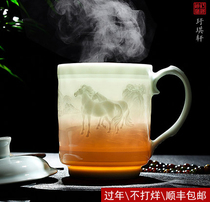 Yu Qi Xuan zodiac office conference cup Jingdezhen ceramic with lid carved shadow Green handmade teacup gift set