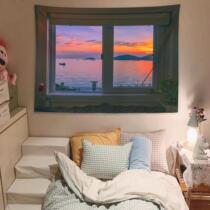 Seascape window background cloth ins wind fresh bedroom bedside dormitory rental renovation home stay decorative wall covering tapestry