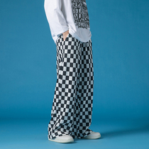 Black and white checkerboard pants mens design sense niche loose wide leg pants Japanese vintage wear oversize pants