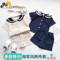  20 summer new small and medium-sized boys and girls baby navy wind cotton and linen short-sleeved shorts suit siblings two-piece suit