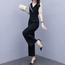 Temperament chiffon wide-legged suit womens summer new suit collar jumpsuit high waist slim one-piece trousers