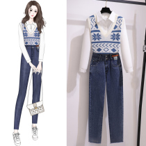 Early and autumn clothes 2021 New jacquard vest stacked with European temperament Net red fried street three-piece set age