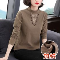 Middle-aged mother half high collar long sleeve base shirt T-shirt plus velvet thick warm autumn winter New lace interior top