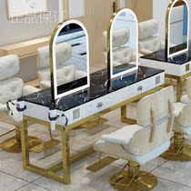 * Barber shop mirror table LED lamp hairdressing mirror single side beauty makeup cabinet integrated marble double-sided ironing table