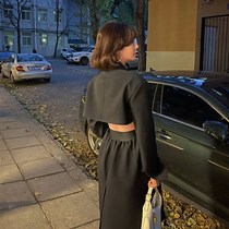 Open waist temperament suit dress 2021 autumn new annual meeting small black dress high waist long suit dress