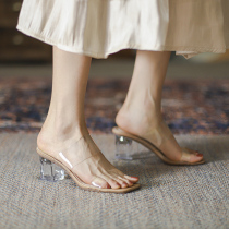 Cool slippers women wear outside the summer 2021 new crystal word fairy wind high heels flat medium heel thick heel sandals