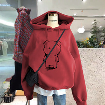 Jujube hooded sweater female 2021 new spring and autumn thin loose Korean bear print plus velvet thick top