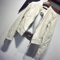 Beige small leather jacket womens short spring and autumn new trend fashion slim collar leather motorcycle jacket